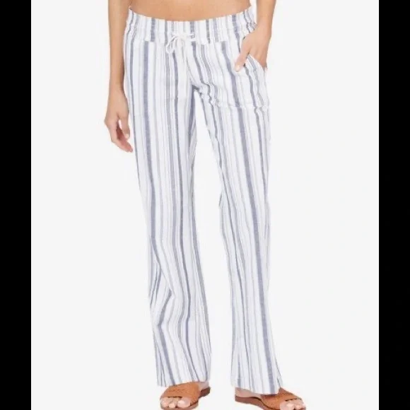 Roxy Oceanside Stripe Flared Linen Pants M NWT - Picture 2 of 16